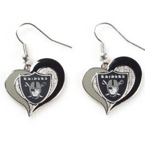 New Oakland Las Vegas Raiders NFL Silver Swirl Heart Dangle Earrings Non-Allergy